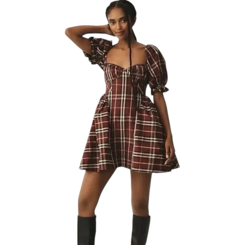 Anthropologie Maeve Tartan Plaid Puff Sleeve Basque Drop‎ Waist Mini Dress Small
